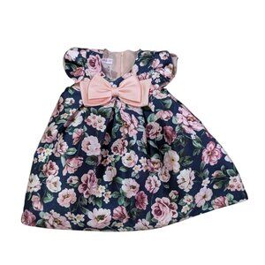 Bonnie Baby Navy Floral Dress W/ Pink Bow Ruffle Sleeves 12M Toddler